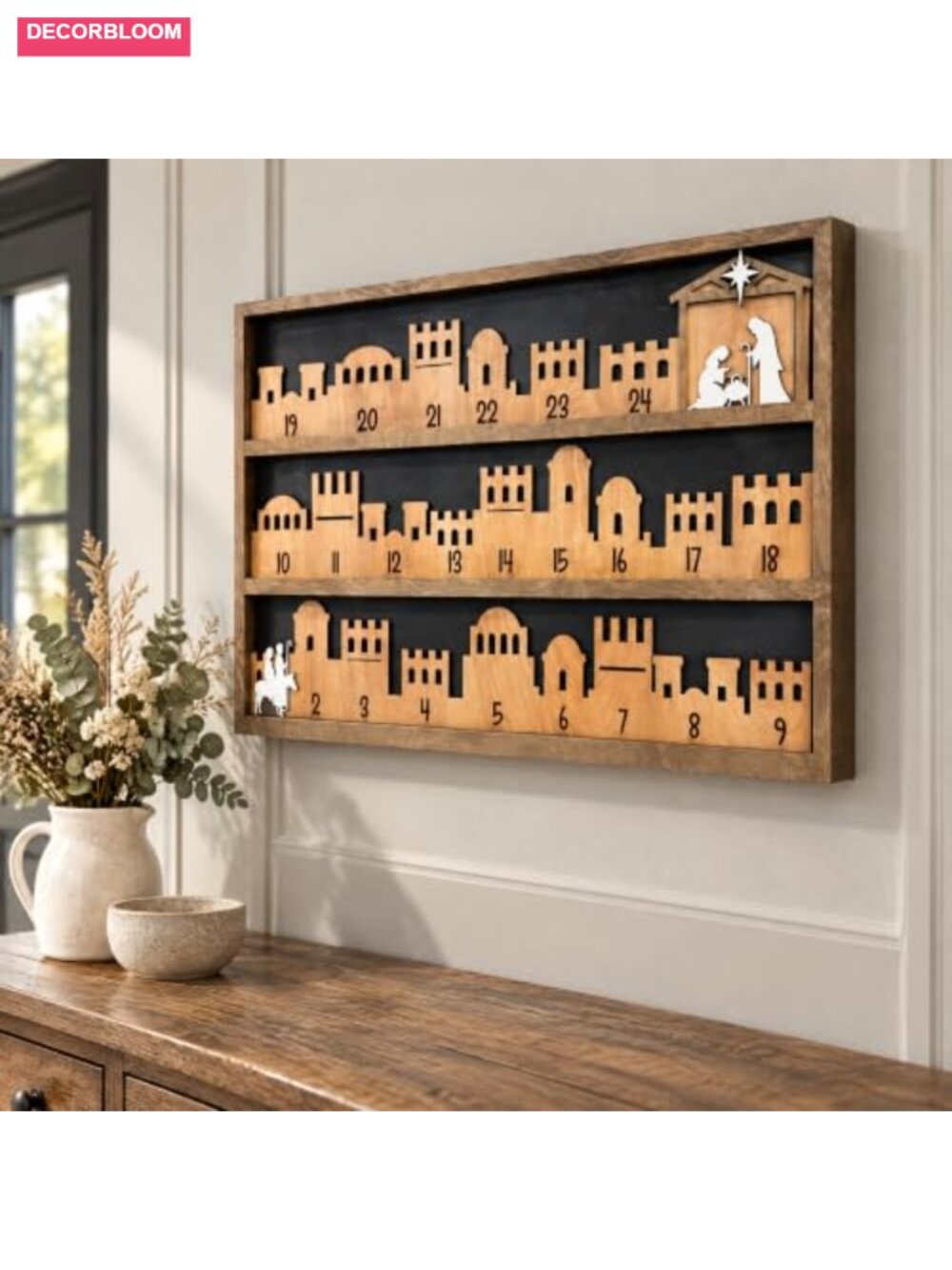 Wooden Nativity Advent Calendar 24 Pockets Movable Characters Christmas Decor